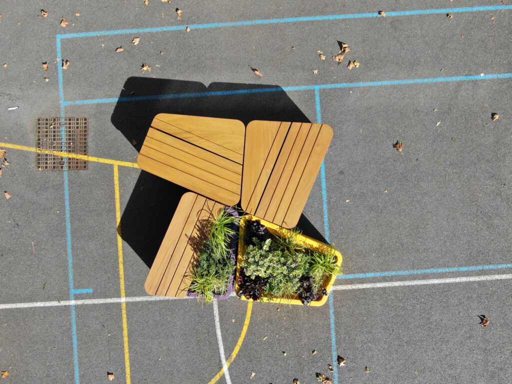Bench and planters in school playground