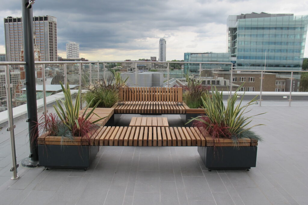 Seating and planters on residential rooftop