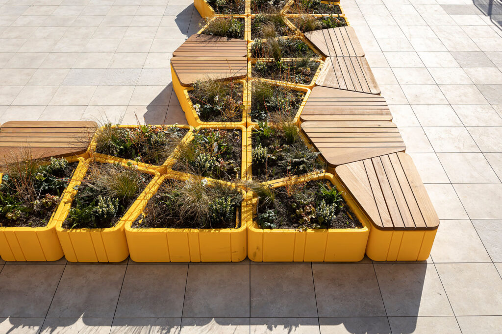 Uniun bench and planters in geometric configuration on IKEA hammersmith rooftop