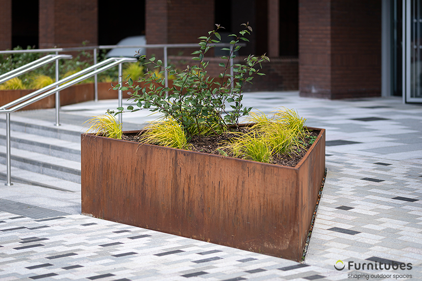 Steel AKRI planters outside office block on Dukes Court scheme in surrey