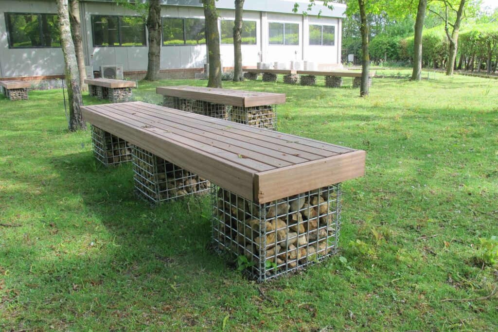 Elements benches with gabion supports at stanway quarry