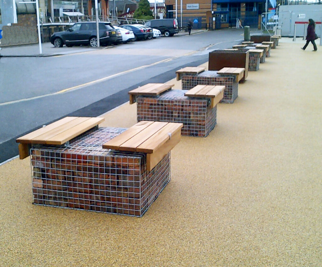 Gabion cubes with timber benches on top