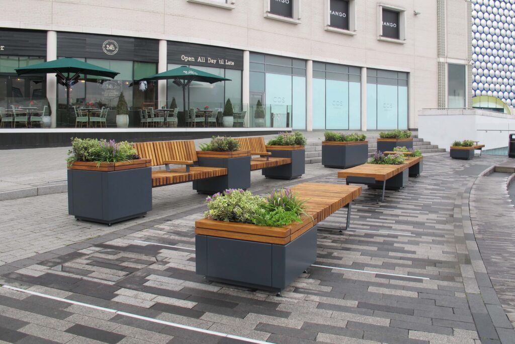 Seating and planters outside Bullring Shopping Centre, Birmingham
