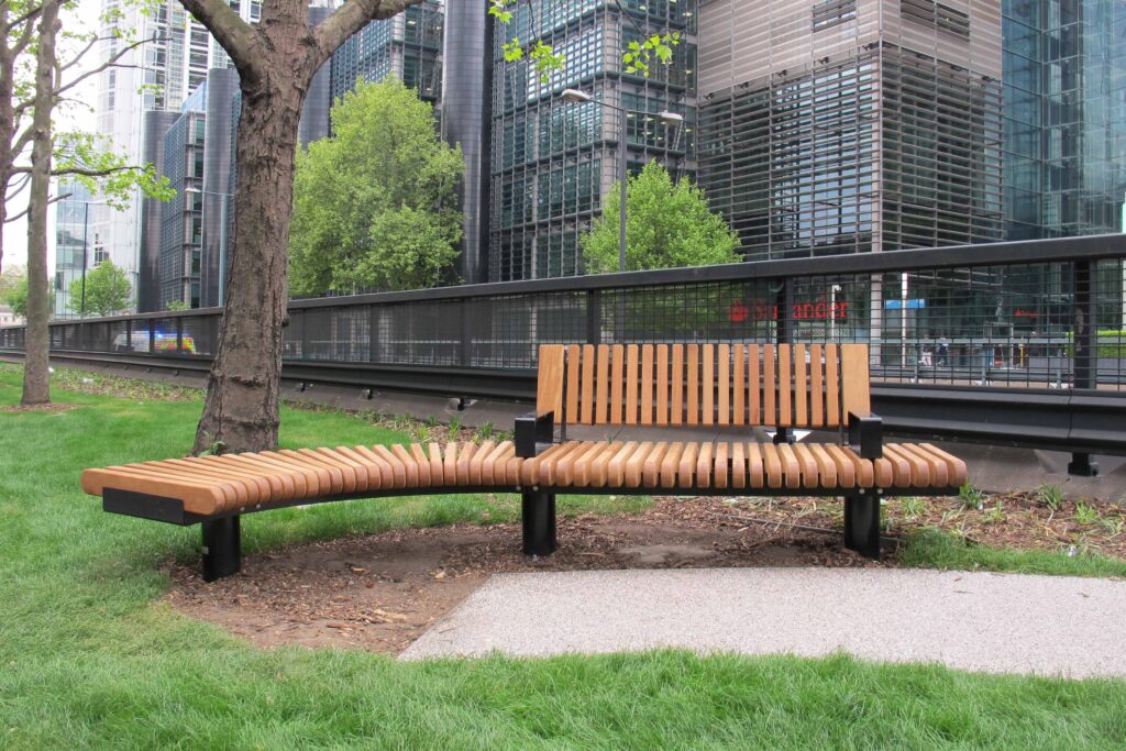 Outdoor bench on Euston Road