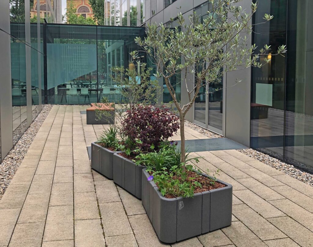 Uniun bench and planter at University of Greenwich in London