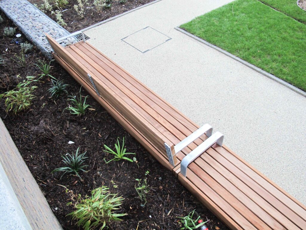 Elements seats with gabion basket supports for CB1 development in Cambridge