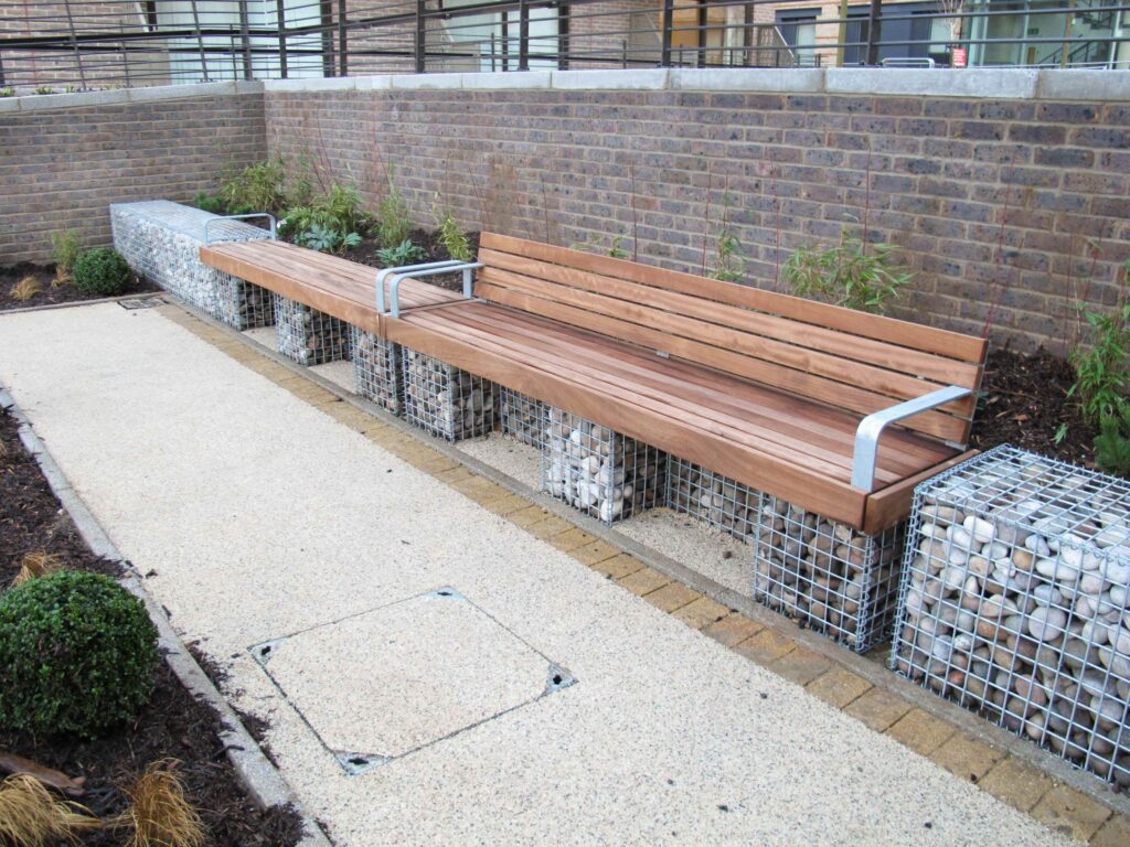Elements seats with gabion basket supports for CB1 development in Cambridge
