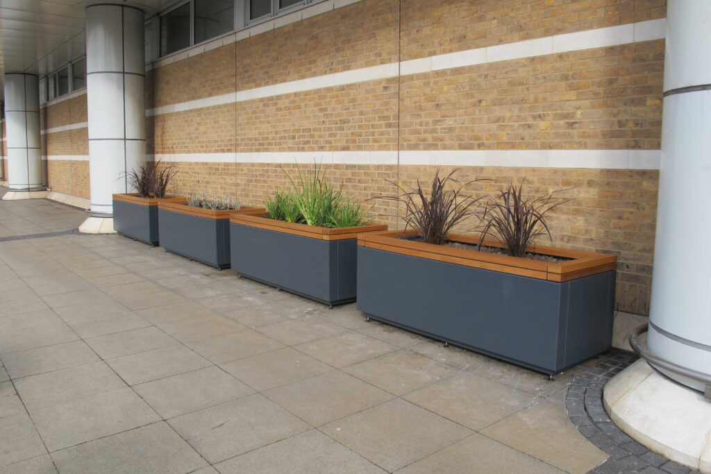 Railroad seating and planter configuration outside Westquay shopping centre