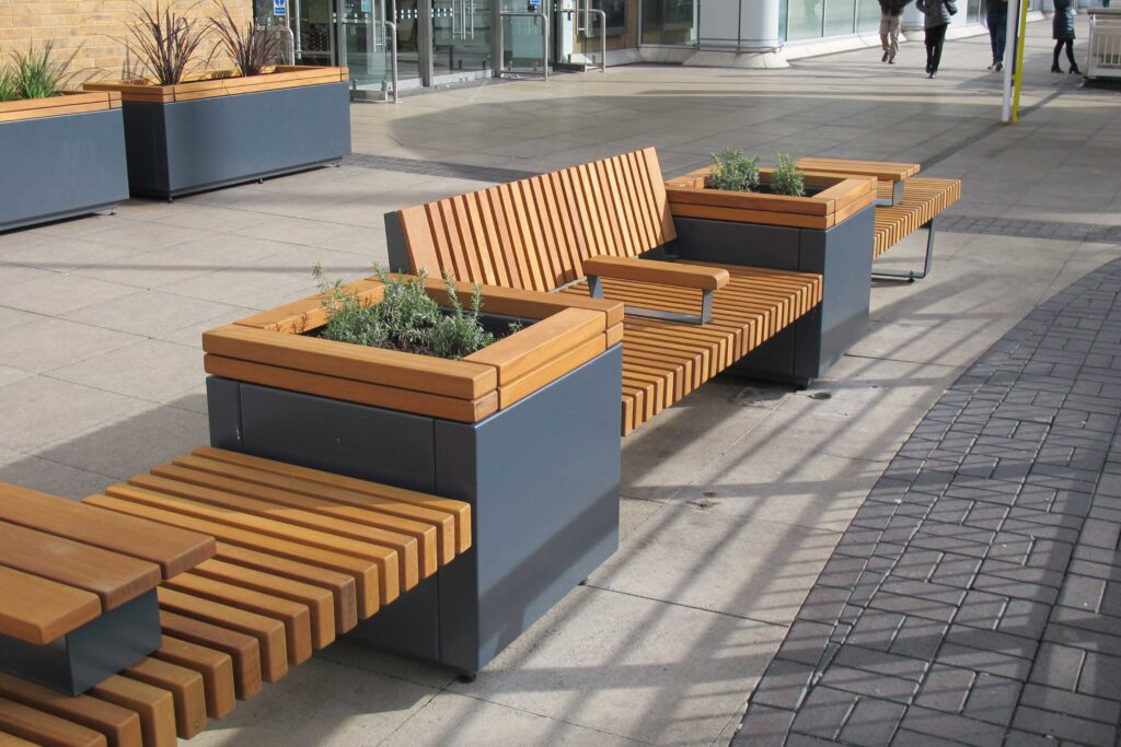Railroad seating and planter configuration outside Westquay shopping centre
