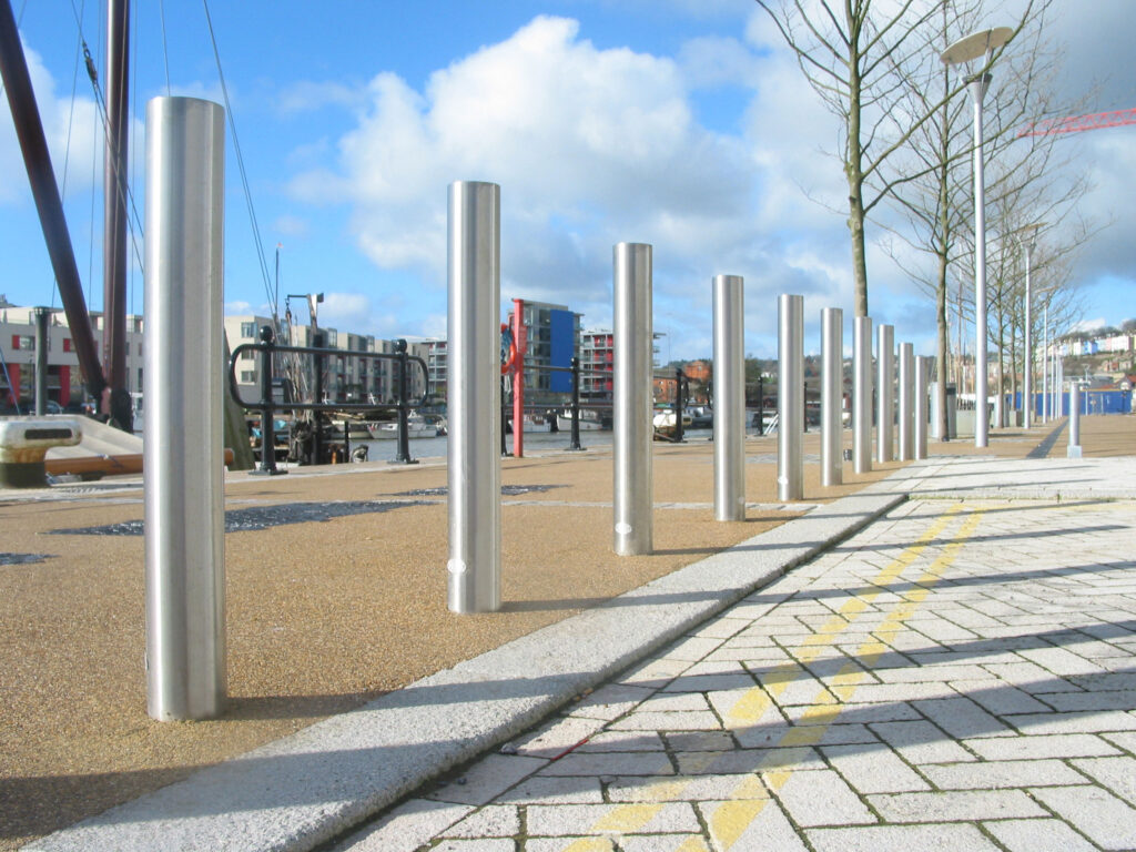 Stainless steel Zenith bollards in a row