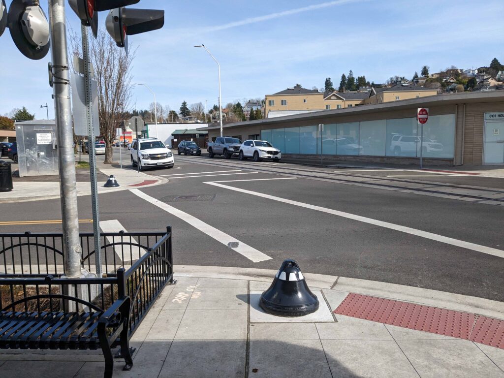 Bell bollard on street corner in Seattle, USA