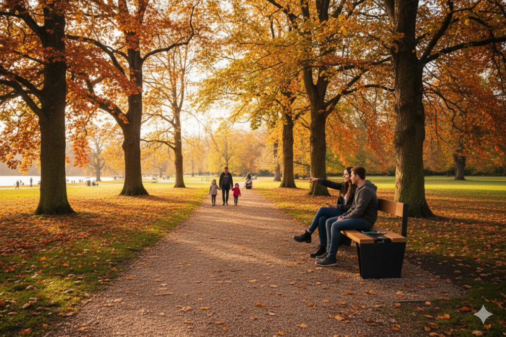 A park pathway with a bench and two people sitting on it. AI Generated.